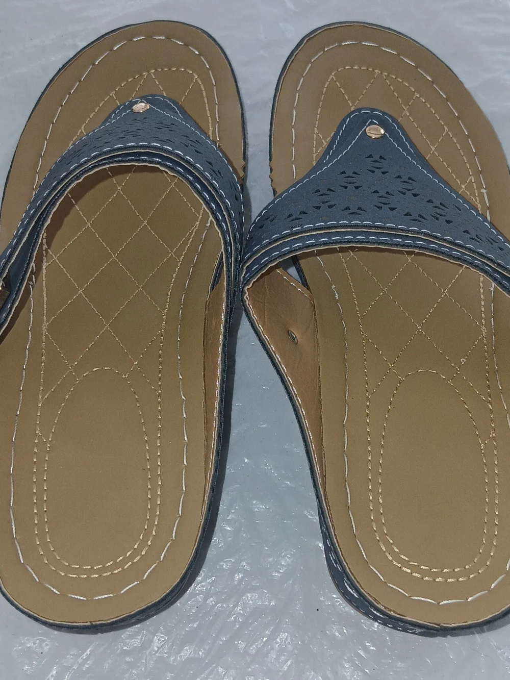 Source Unknown Navy Blue Laser-Cut Thong Sandals with Gold Accents